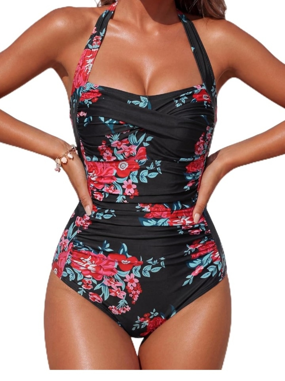 Smosminvo Black Floral Halter One-Piece Swimsuit Size XXL NWT